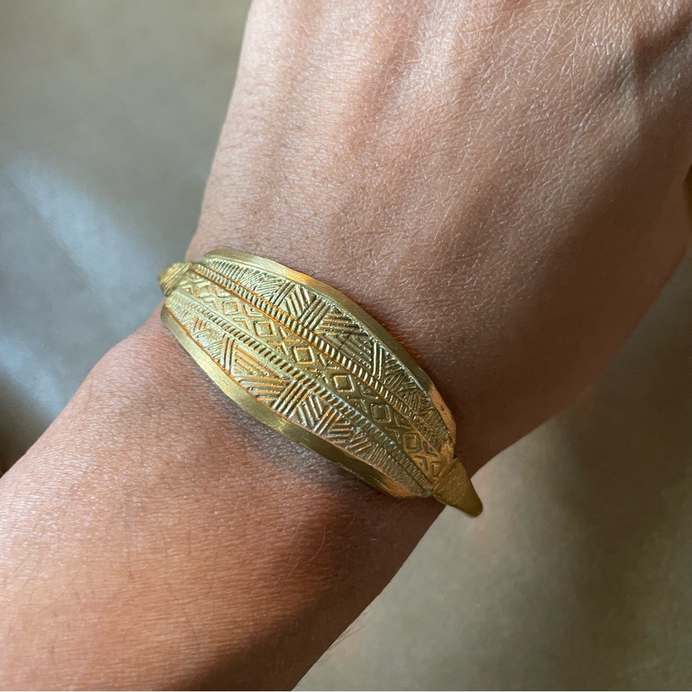 Geometric vintage brass cuff bracelet gold adjustable ID etch engraved signet - Picture 5 of 12